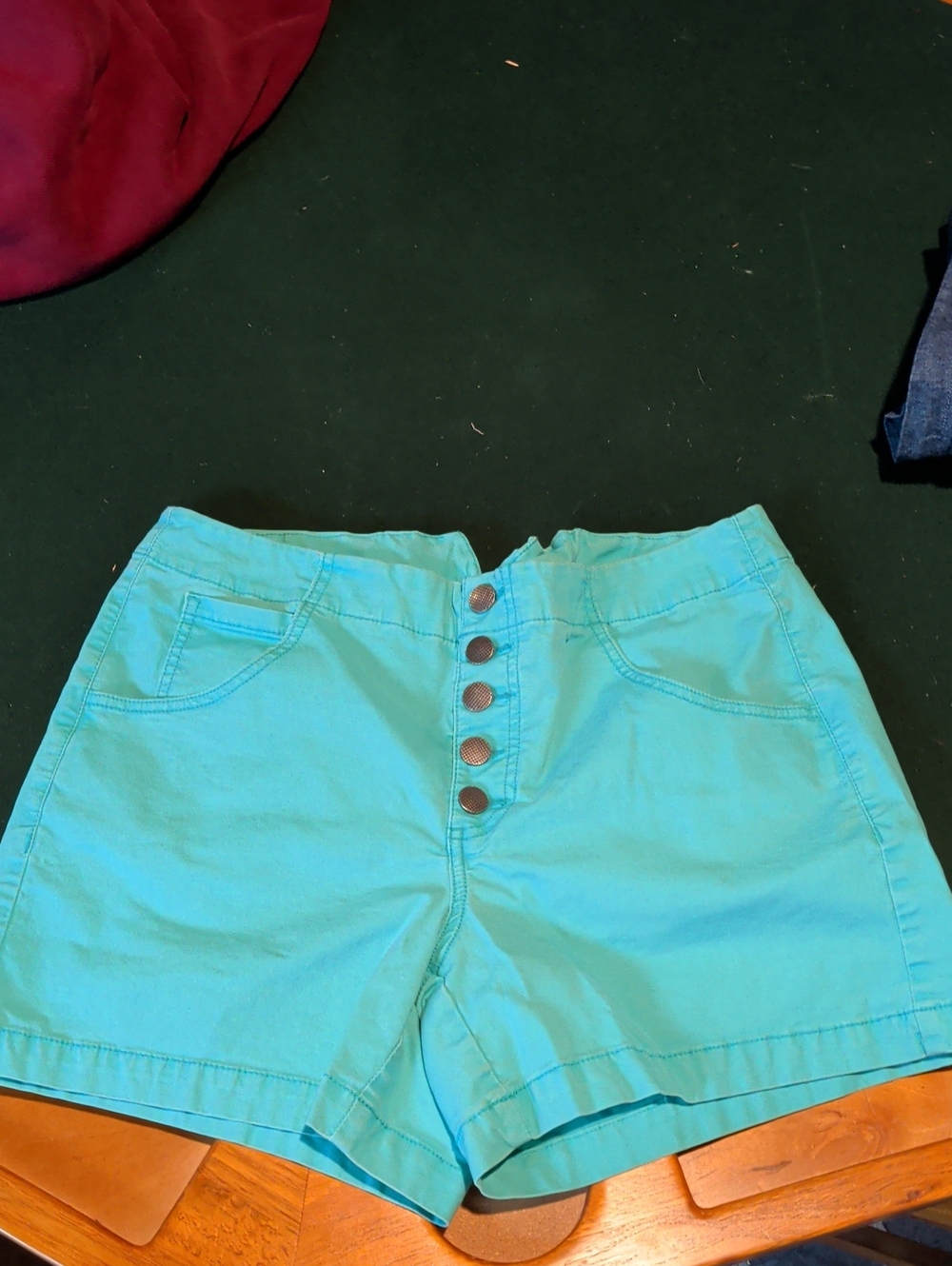 CAbi Turquoise High-Waist Button-Front Shorts